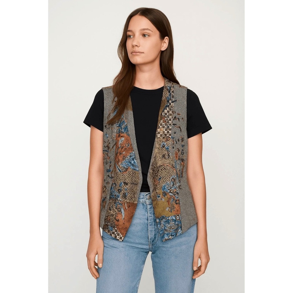 Chico's Vintage Embroidered Patchwork Beaded Wool Blend Vest Boho Fairy Grunge
